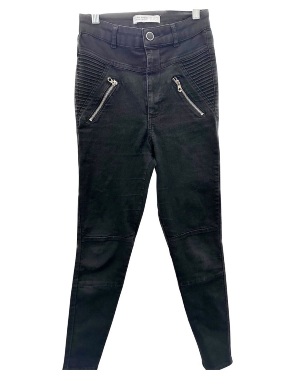 ZARA Basic Z1975 Black Biker Moto Jeans Size US 6 (EUR 38) Ribbed Zip Accent